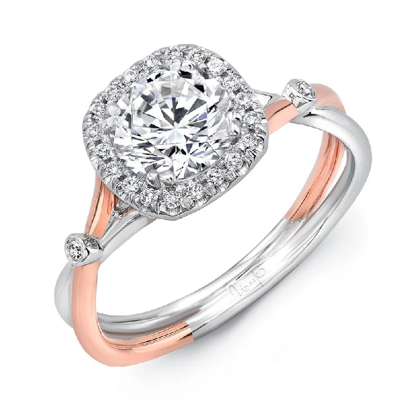 Ladies engagement rings delicate bands-Uneek Round Diamond Engagement Ring with Cushion-Shaped Halo and Two-Tone Silhouette Double Shank with Bezel Shoulder Accents