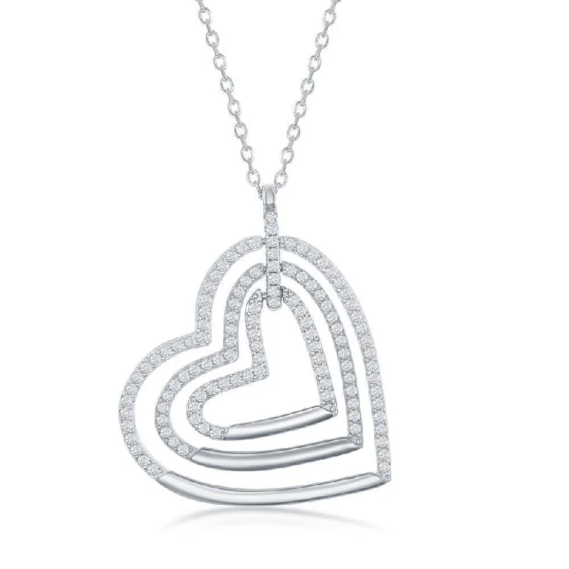 Ladies necklaces collectible items-Sterling Silver Triple Open Cubic Zirconia Heart Necklace