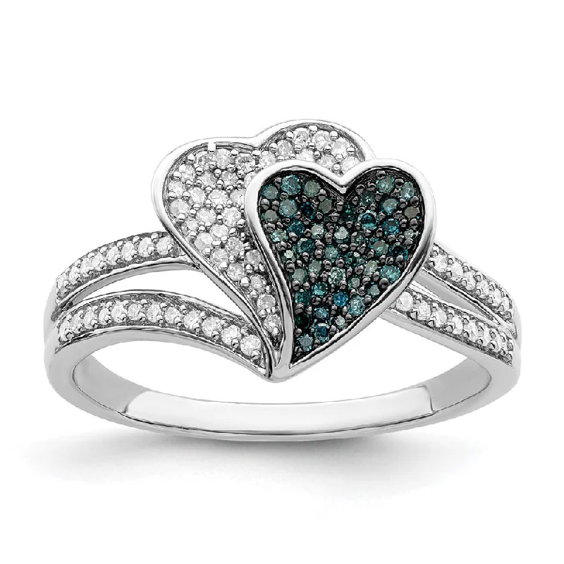 Ladies ring girlfriend gifts-1/3 Ctw Blue & White Diamond Double Heart Ring in Sterling Silver