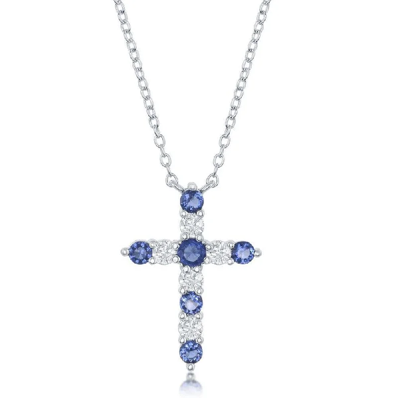 Ladies necklaces youthful designs-Sterling Silver Sapphire CZ September Birthstone Cross Necklace