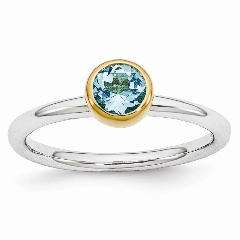 Ladies ring celebrity styles-Two Tone Sterling Silver Stackable 5mm Round Blue Topaz Ring