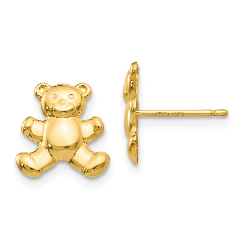 Ladies earrings personalized-Kids 10mm Teddy Bear Post Earrings in 14k Yellow Gold