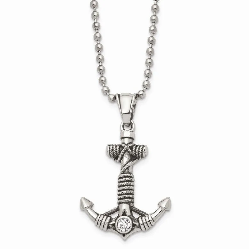 Ladies necklaces bridal jewelry-Stainless Steel Polished and Antiqued w/ CZ Anchor Necklace