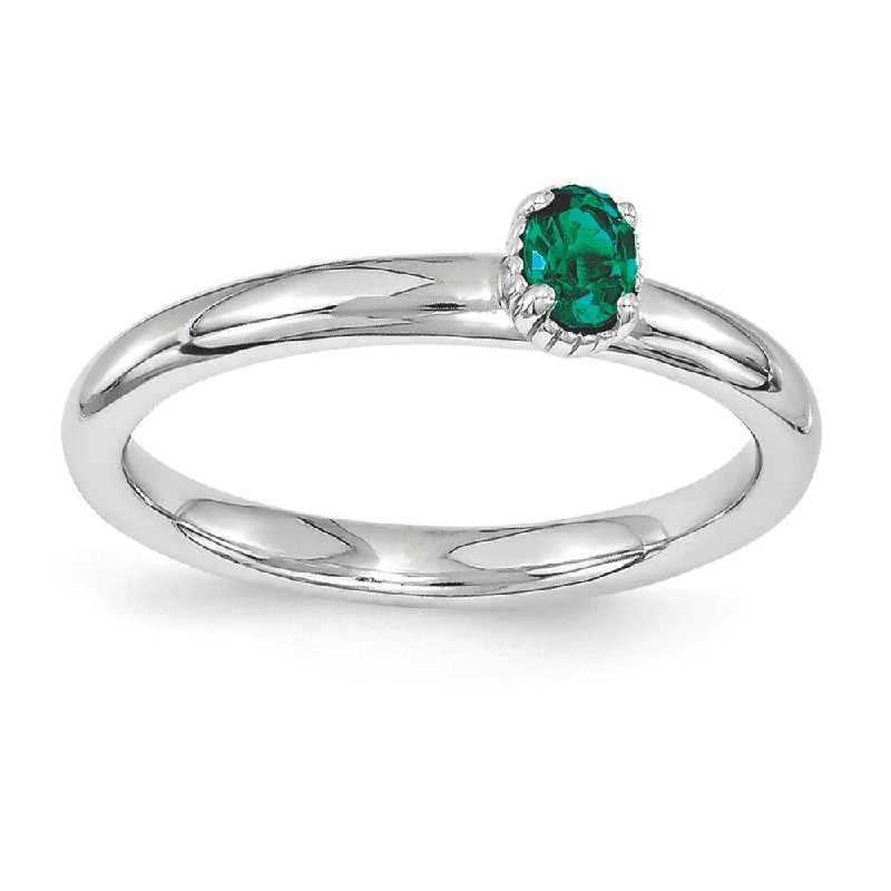 Ladies ring creative designs-Sterling Silver Stackable Created Emerald Oval Single Stone Ring