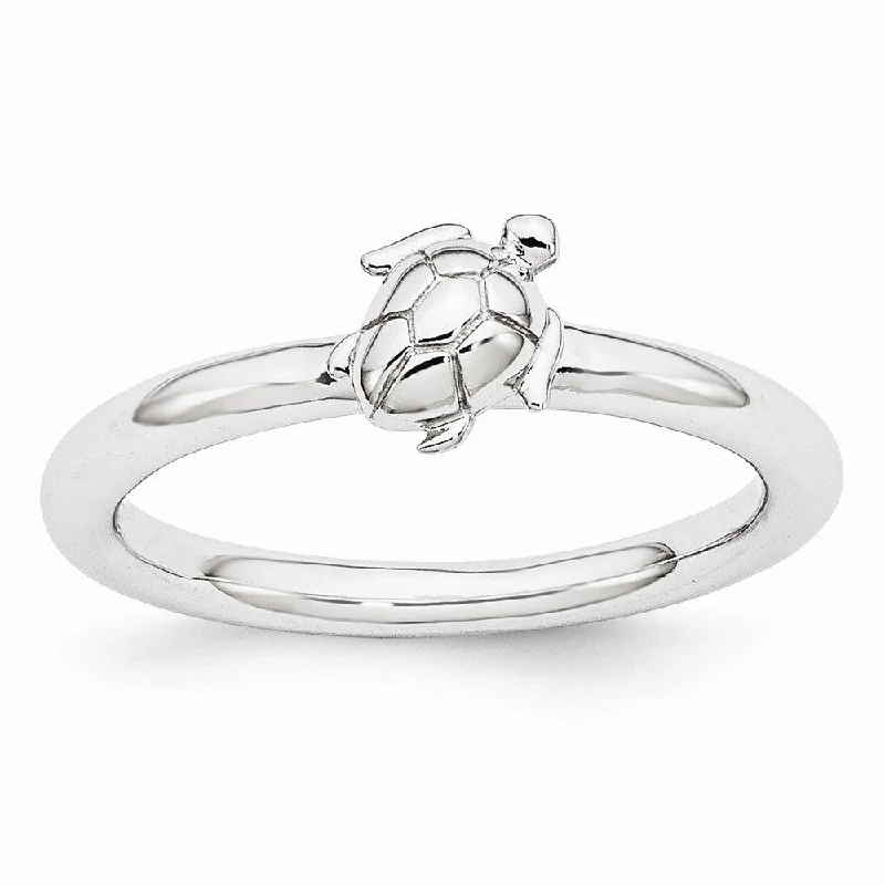 Ladies ring stacking trends-Rhodium Plated Sterling Silver Stackable 8mm Sea Turtle Ring