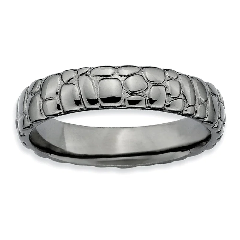 Ladies ring middle finger-4.5mm Stackable Black Plated Silver Cobblestone Band