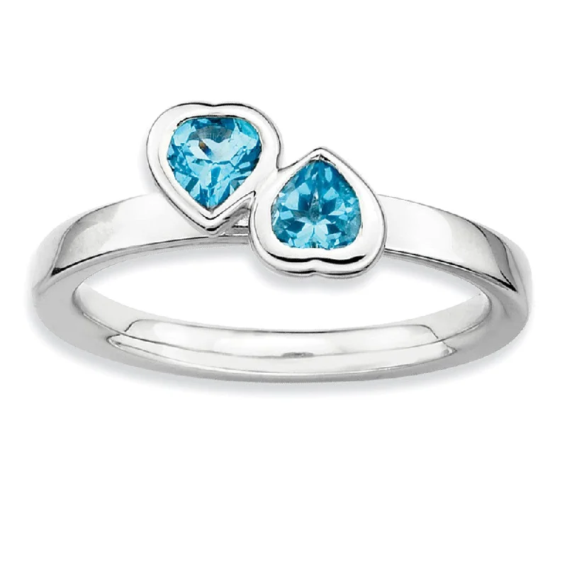 Ladies ring natural stones-Sterling Silver Stackable Double Heart Blue Topaz Ring