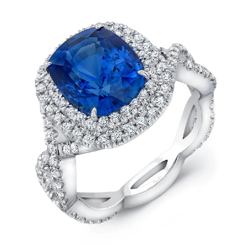 Ladies engagement rings limited editions-Uneek 5-Carat Cushion-Cut Sapphire Engagement Ring with Dreamy Double Halo and Elegant Crisscross Shank