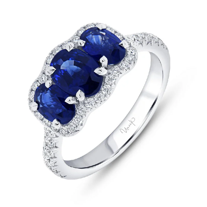 Ladies engagement rings natural gems-Uneek Precious Collection 3-Stone-Halo Oval Shaped Blue Sapphire Engagement Ring