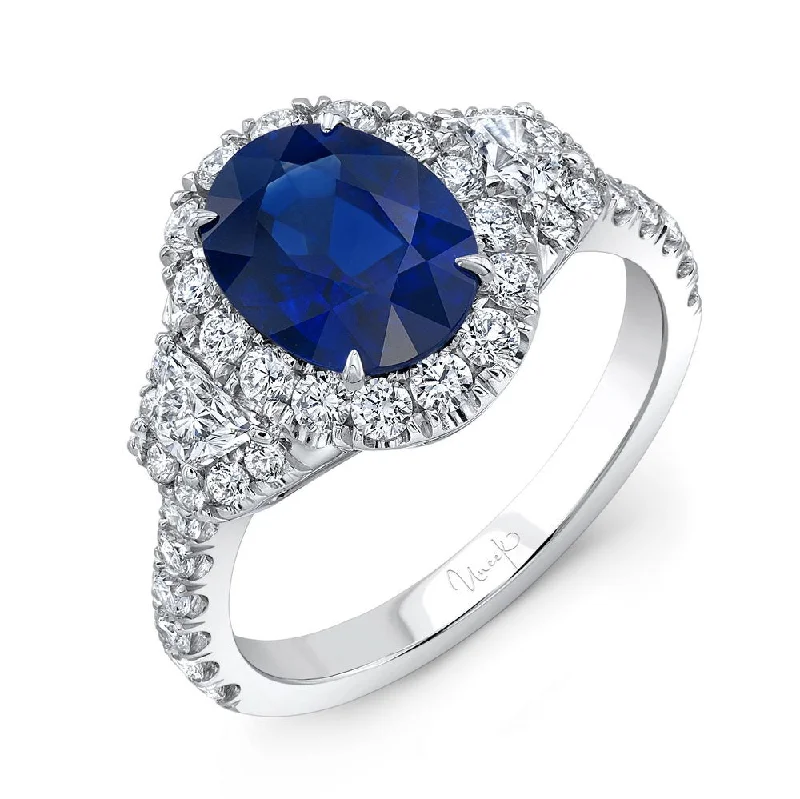 Ladies engagement rings small stones-Uneek Oval Sapphire-Centered Three-Stone Engagement Ring with Trapezoid Diamond Sidestones