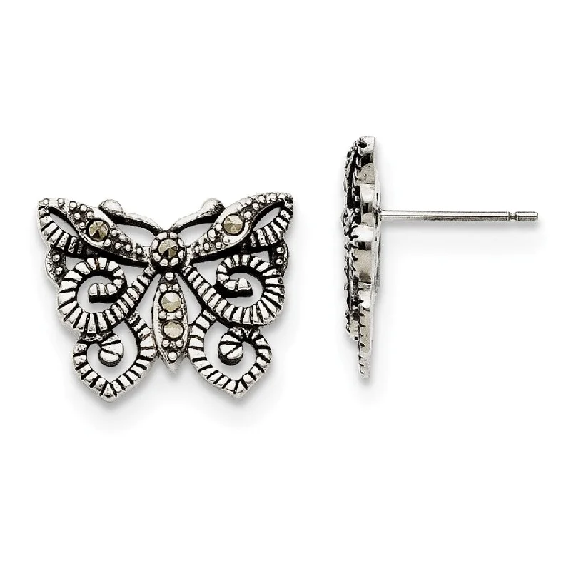 Ladies earrings customer reviews-18mm Marcasite Scroll Butterfly Post Earrings in Stainless Steel