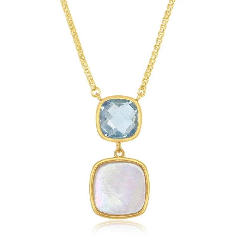 Ladies necklaces pearl strands-Sterling Silver Double Square Blue Topaz and Mother of Pearl Necklace - Gold Plated