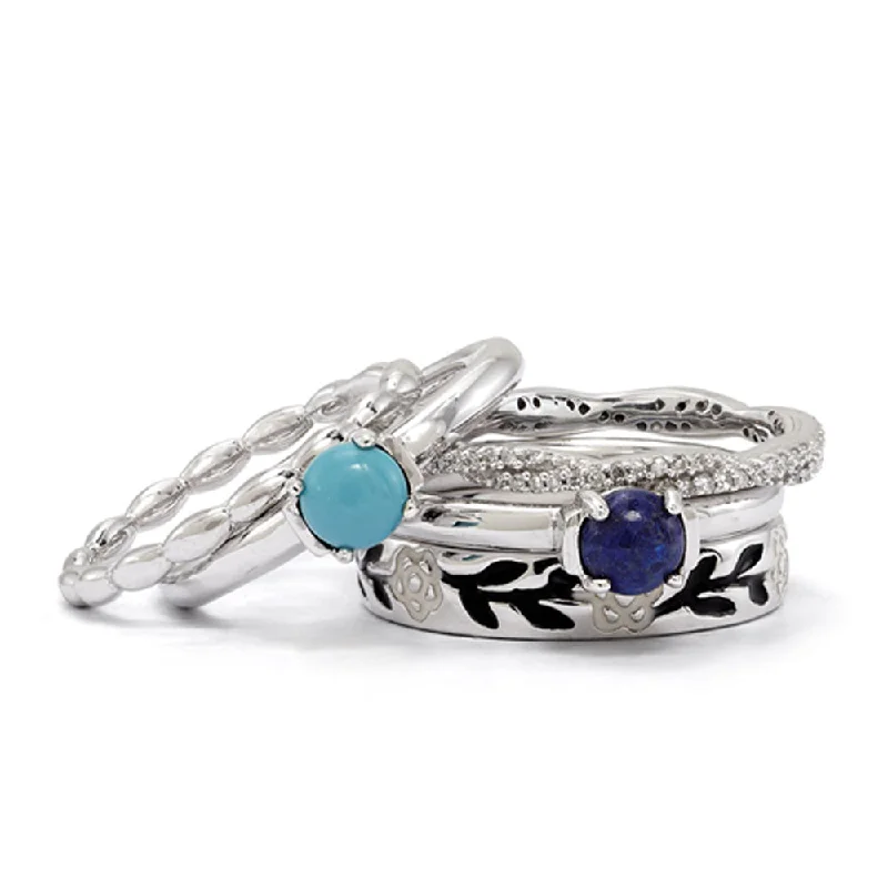 Ladies ring Valentine’s Day-Sterling Silver & Enamel Stackable Natural Stone Ring Set