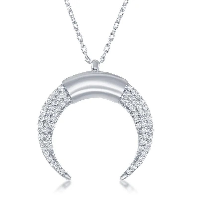 Ladies necklaces modern flair-Sterling Silver Reversed Horn Cubic Zirconia Necklace