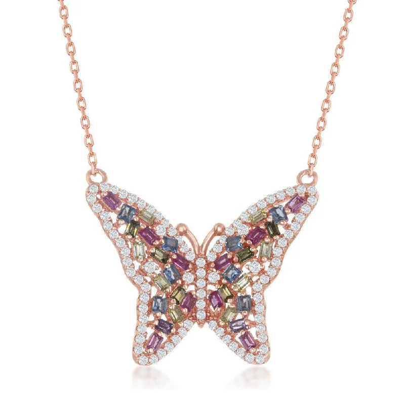 Ladies necklaces elegant styles-Sterling Silver Multi-Color Butterfly Necklace - Rose Gold Plated