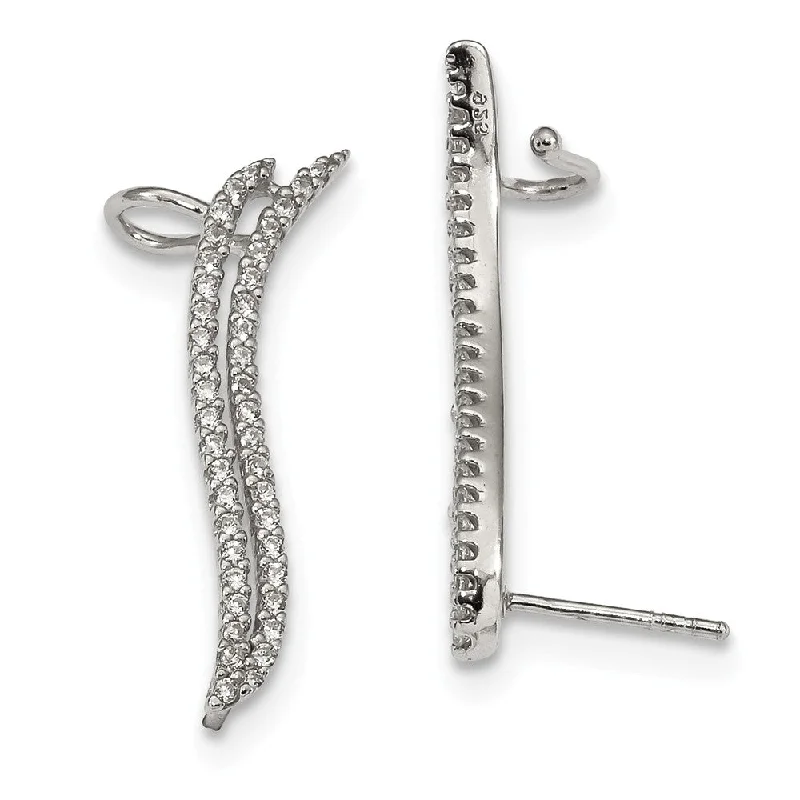 Ladies earrings geometric patterns-3 x 30mm (1 3/16 Inch) Sterling Silver CZ Cuff Ear Climber Earrings