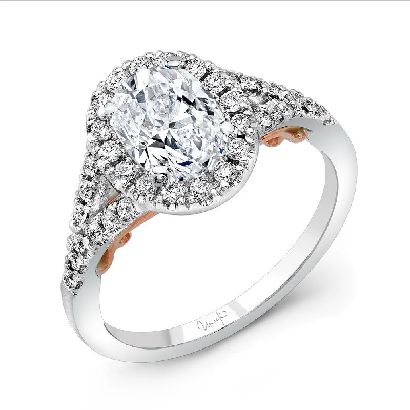 Ladies engagement rings top brands-Uneek Cancelli Oval Diamond Halo Engagement Ring with Pave Split Shank