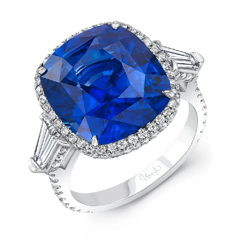 Ladies engagement rings hypoallergenic-Uneek Precious Collection Halo Cushion Cut Blue Sapphire Engagement Ring