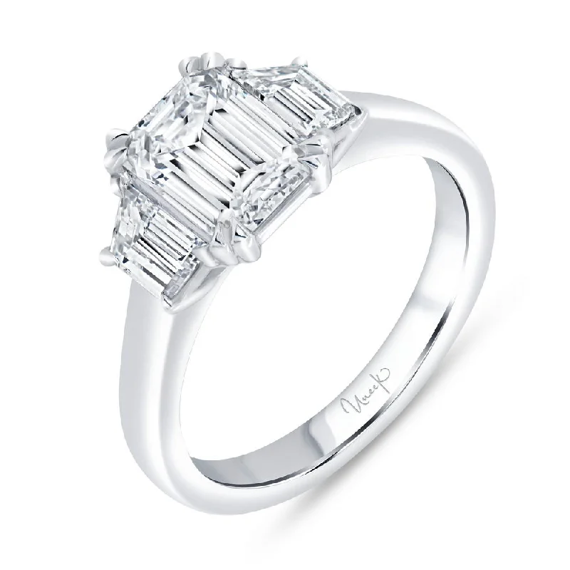 Ladies engagement rings retail shops-Uneek Signature Collection Three-Stone Emerald Cut Diamond Engagement Ring