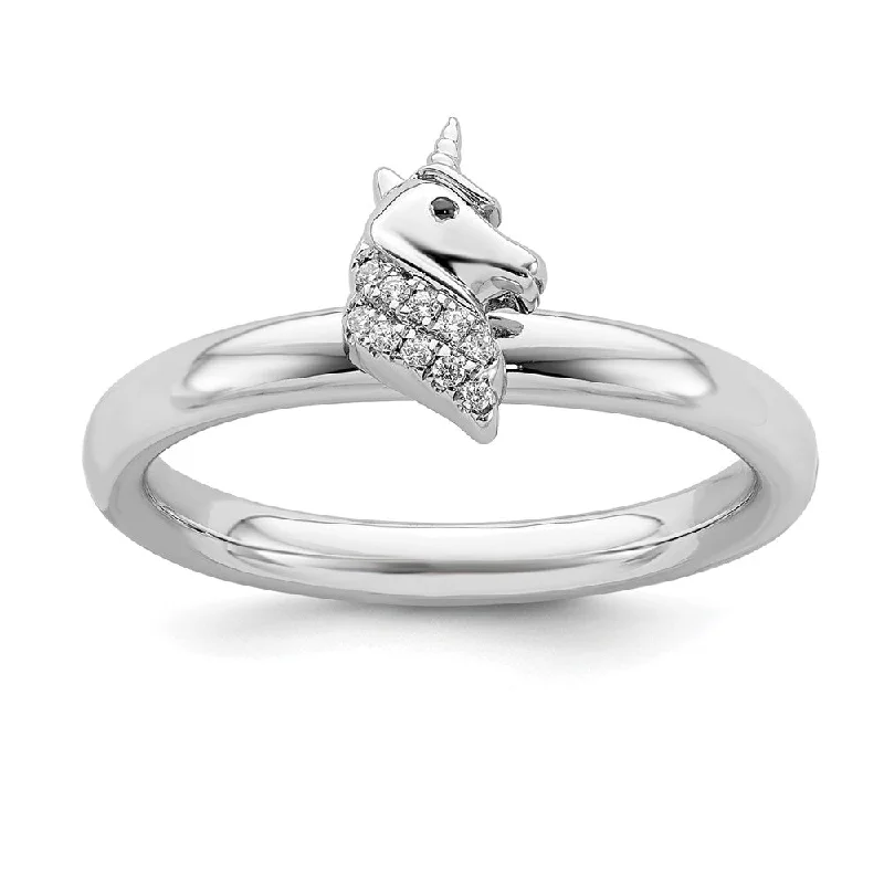 Ladies ring diamond inlays-Rhodium Plated Sterling Silver & Diamond Stackable Unicorn Ring