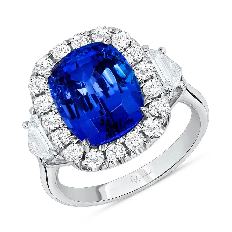 Ladies engagement rings pave settings-Uneek Precious Collection 3-Stone-Halo Cushion Cut Tanzanite Engagement Ring