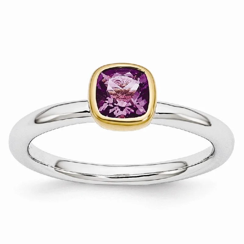 Ladies ring unique designs-Two Tone Sterling Silver Stackable 5mm Cushion Amethyst Ring