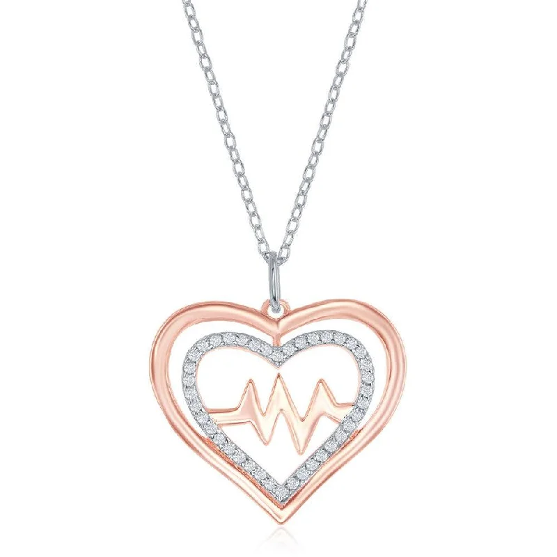 Ladies necklaces sapphire accents-Sterling Silver Shiny and CZ Open Heart & Center Heartbeat Necklace - Rose Gold Plated