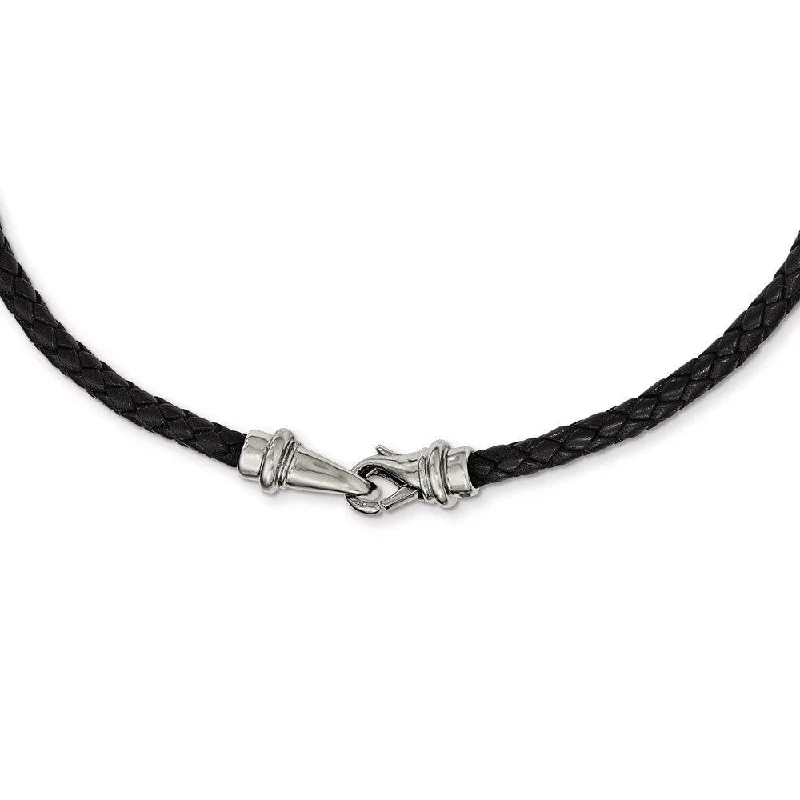 Ladies necklaces delicate designs-Stainless Steel Polished Woven Black Leather Necklace