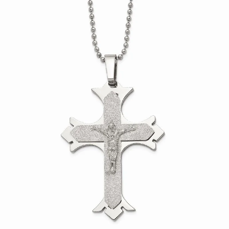 Ladies necklaces jade pendants-Stainless Steel Polished Laser Cut Crucifix Necklace