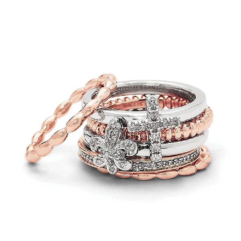 Ladies ring age suitability-Sterling Silver & 14K Rose Gold Plated, Diamond Faith Stack Ring Set