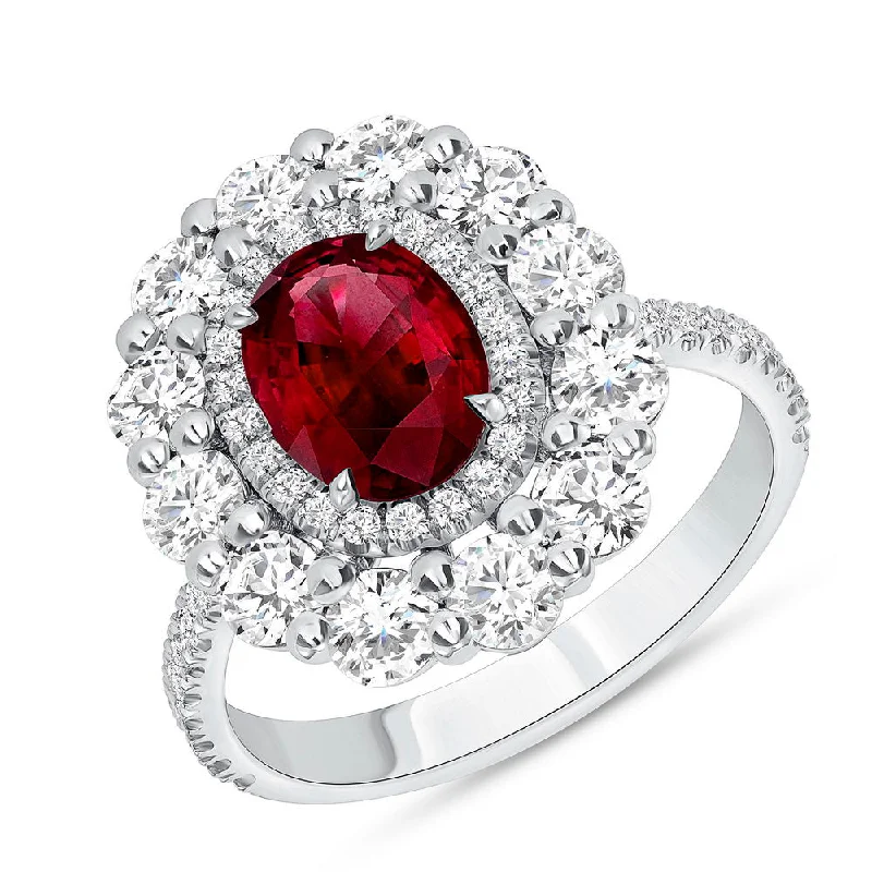 Ladies engagement rings warranty plans-Uneek Precious Collection Double-Halo Oval Shaped Ruby Engagement Ring