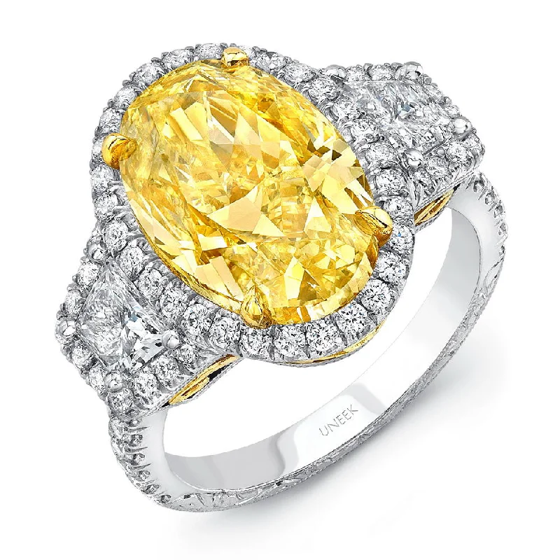 Ladies engagement rings size guide-Uneek Oval Fancy Yellow Diamond Three-Stone Engagement Ring with Filigree and Hand Engraving Details