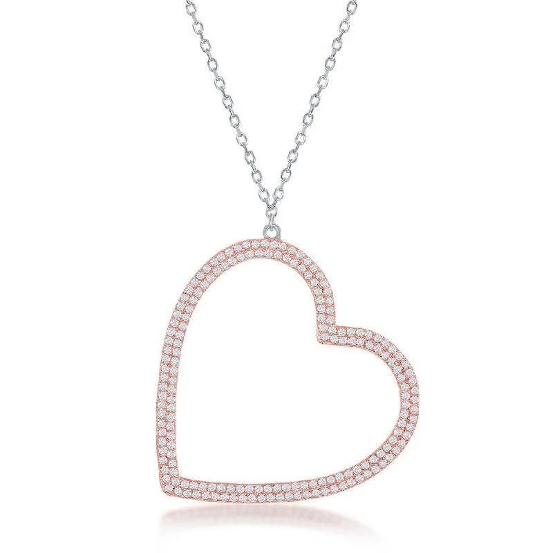 Ladies necklaces retail stores-Sterling Silver Rose GP Large Micro Pave Open Heart Necklace