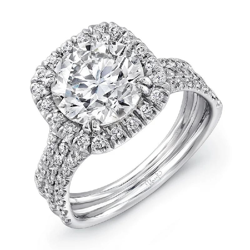 Ladies engagement rings care tips-Uneek Round Diamond Engagement Ring with Cushion-Shaped Halo and Pave Triple Shank