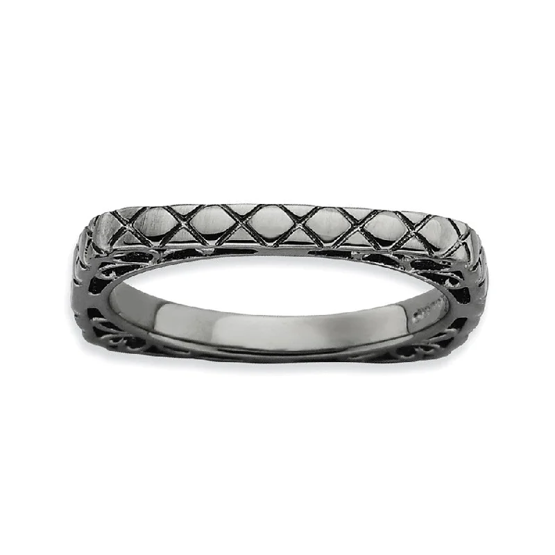 Ladies ring celebrity styles-2.25mm Stackable Black Plated Silver Square Snake Skin Band