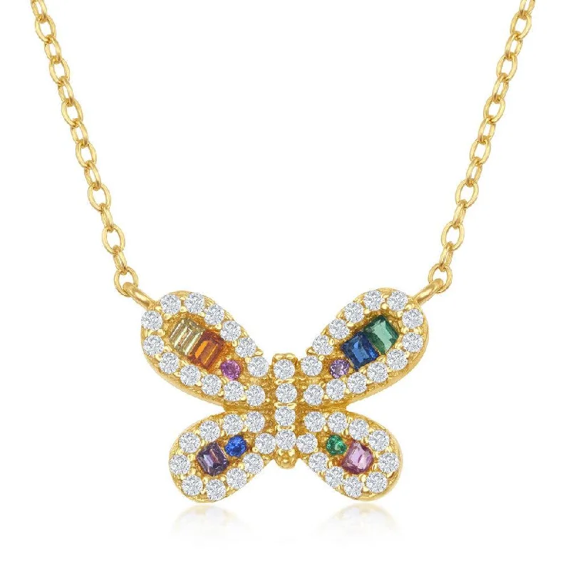 Ladies necklaces Asian-inspired-Sterling Silver Gold Plated Rainbow CZ Butterfly Necklace