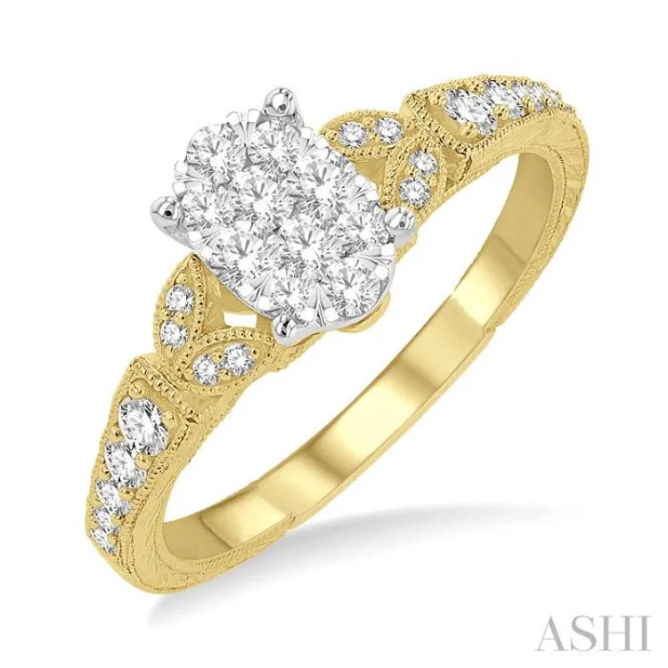 Ladies engagement rings buying advice-1/2 ctw Oval Shape Leaf Carved Shank Lovebright Round Cut Diamond Engagement Ring in 14K Yellow and White Gold