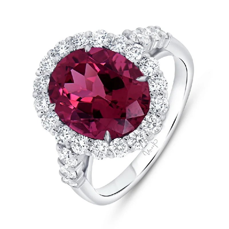 Ladies engagement rings sapphire accents-Uneek Precious Collection Halo Oval Shaped Pink Tourmaline Engagement Ring