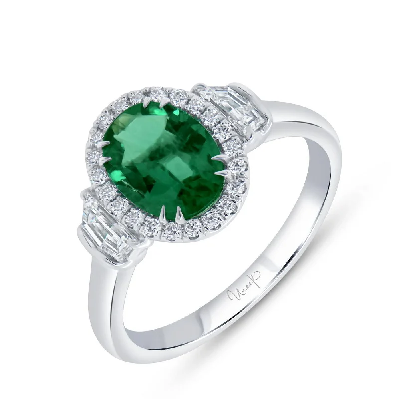 Ladies engagement rings twisted designs-Uneek Precious Collection 3-Stone-Halo Oval Shaped Emerald Engagement Ring