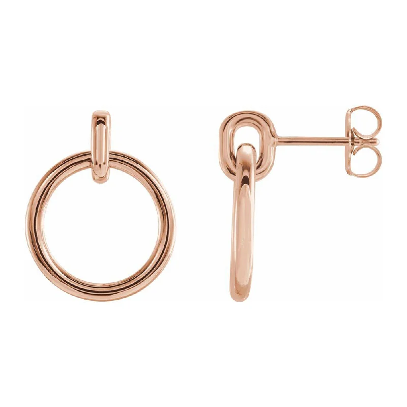 Ladies earrings punk flair-14K Yellow, White or Rose Gold Circle Dangle Post Earrings, 14 x 18mm