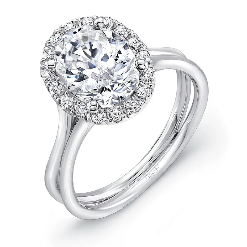 Ladies engagement rings classic looks-Uneek Oval Diamond Halo Engagement Ring with High Polish Silhouette Double Shank