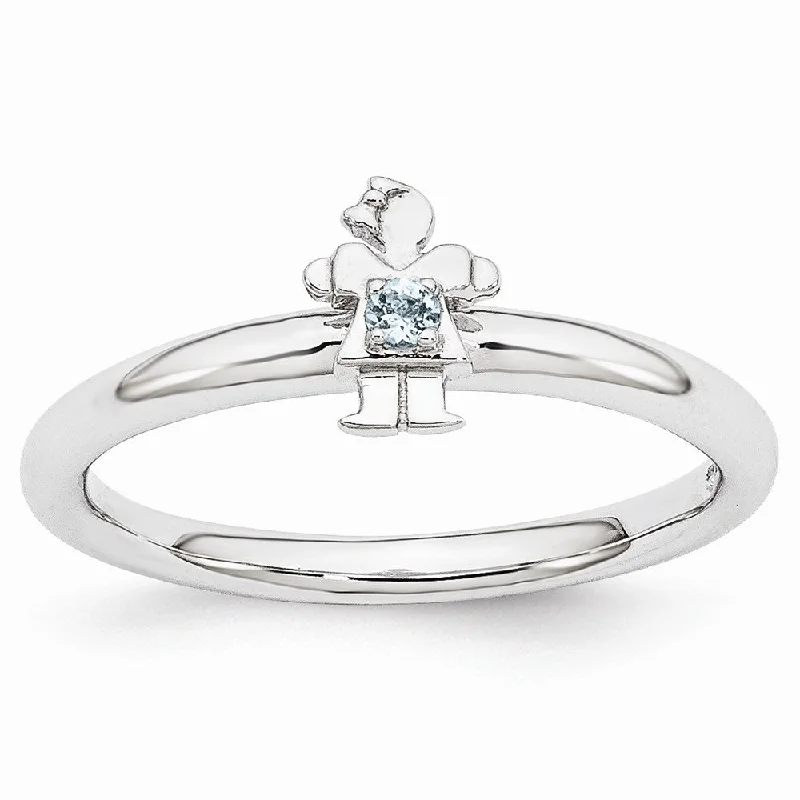 Ladies ring geometric patterns-Rhodium Plated Sterling Silver Stackable Aquamarine 7mm Girl Ring