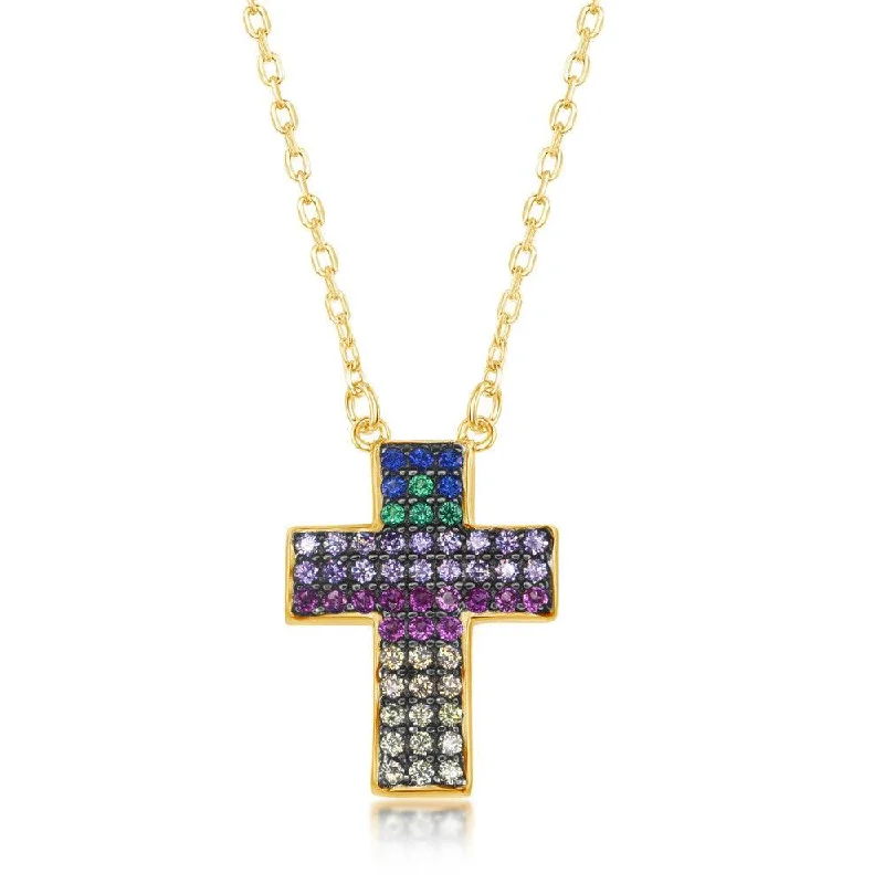 Ladies necklaces proposal gifts-Sterling Silver Gold Plated Rainbow CZ Cross Necklace