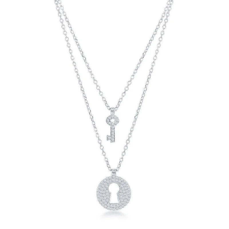 Ladies necklaces Valentine’s Day-Sterling Silver Micro Pave Lock and Key Double Strand Necklace