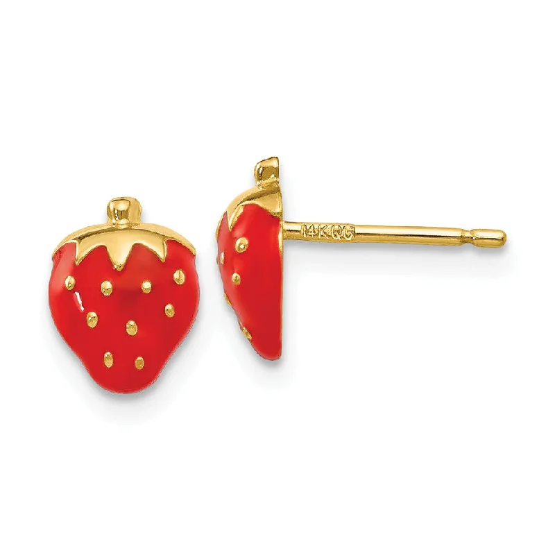 Ladies earrings latest trends-8mm Red Strawberry Post Earrings in 14k Yellow Gold and Enamel