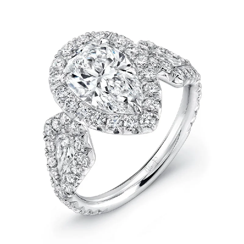 Ladies engagement rings romantic styles-Uneek Pear-Center Three-Stone Engagement Ring with Pave Halo