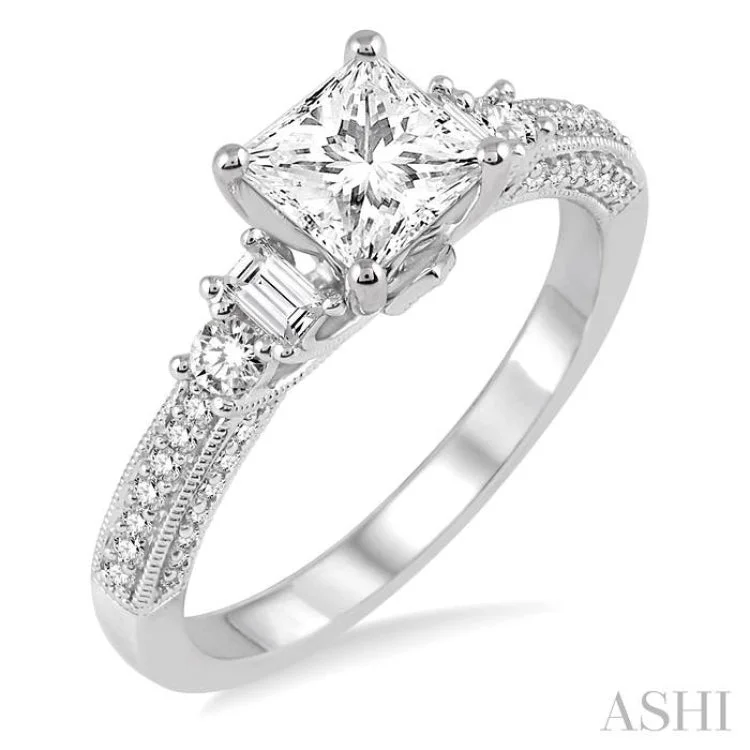 Ladies engagement rings floral motifs-7/8 Ctw Diamond Engagement Ring with 1/2 Ct Princess Cut Center Stone in 14K White Gold