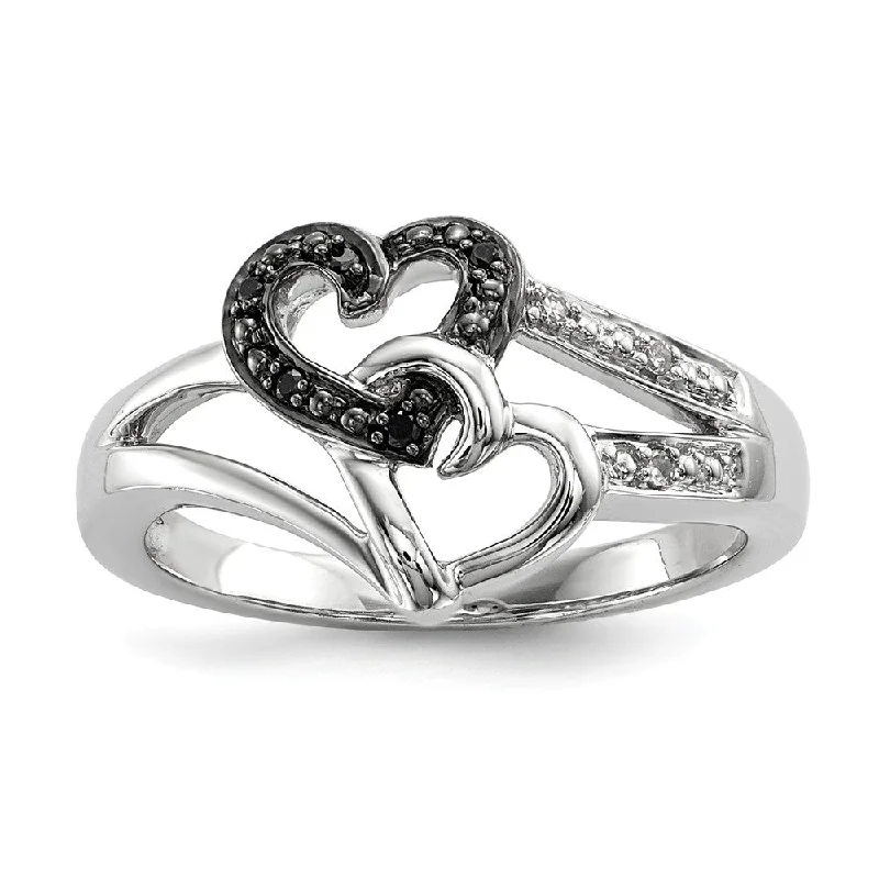 Ladies ring titanium picks-Black & White Diamond Double Heart Tapered Ring in Sterling Silver