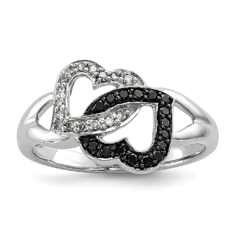 Ladies ring index finger-1/8 Ctw Black & White Diamond Double Heart Ring in Sterling Silver