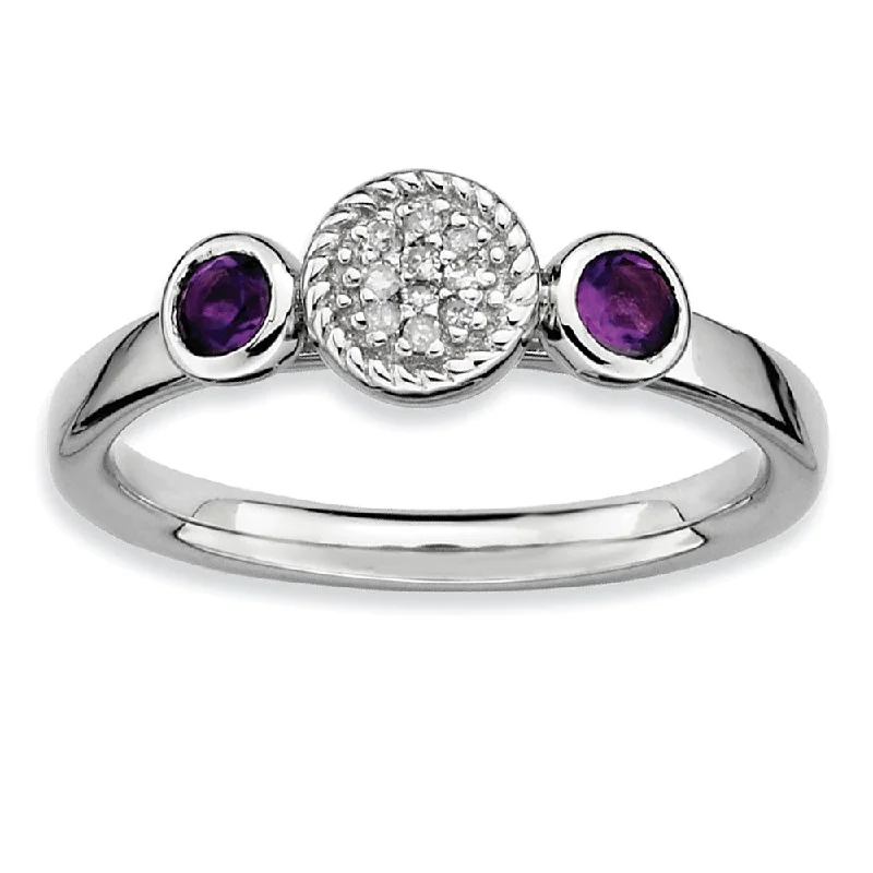 Ladies ring Christmas styles-Rhodium Plate Sterling Silver Stackable Amethyst, .04 Ctw Diamond Ring